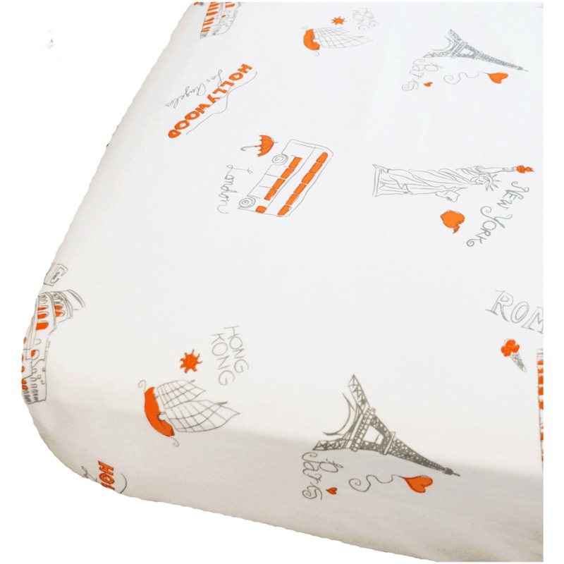 Oliver B Landmark Cities Around the World Crib Sheet in White, Orange & Grey