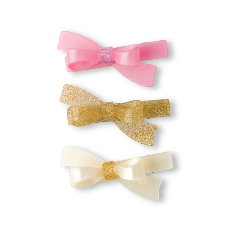 Lilies & Roses Bows – Pink Glitter Gold Pearl Hair Clips