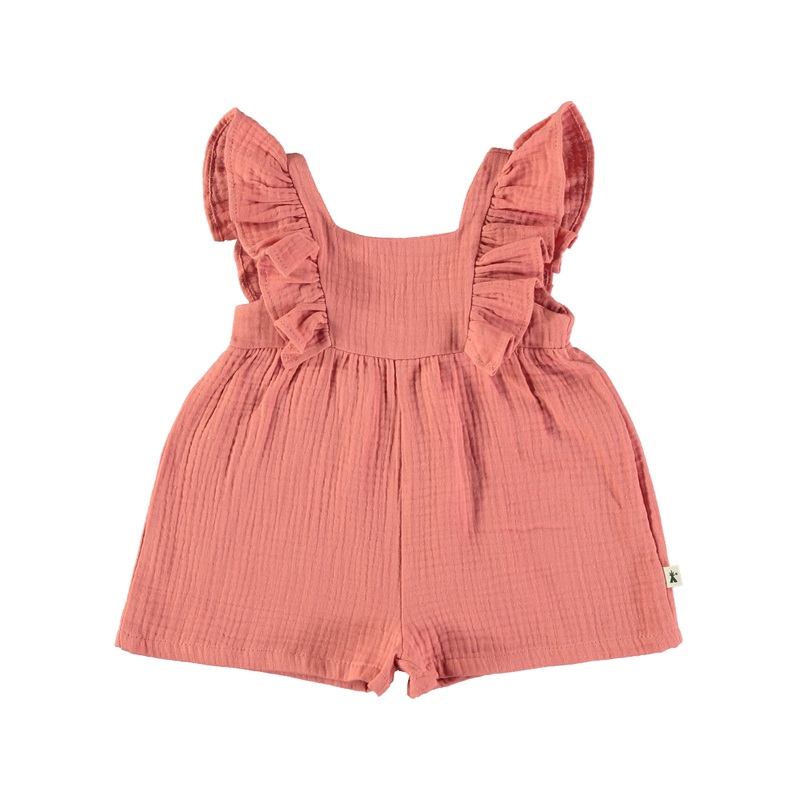 Petit Indi (Made in Spain) – Organic Ruffle Sleeve Shortie Romper – Salmon Pink