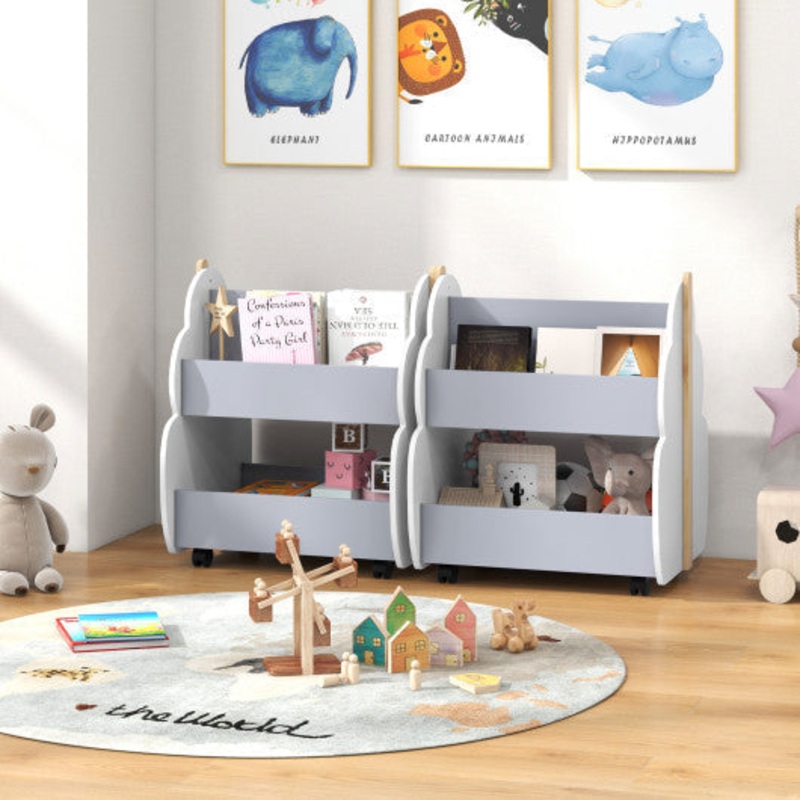 Kids Wooden Bookshelf With Universal Wheels-Gray