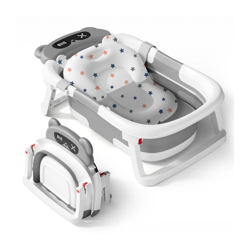Collapsible Baby Bathtub for Infants and Toddlers with Thermometer – Gray