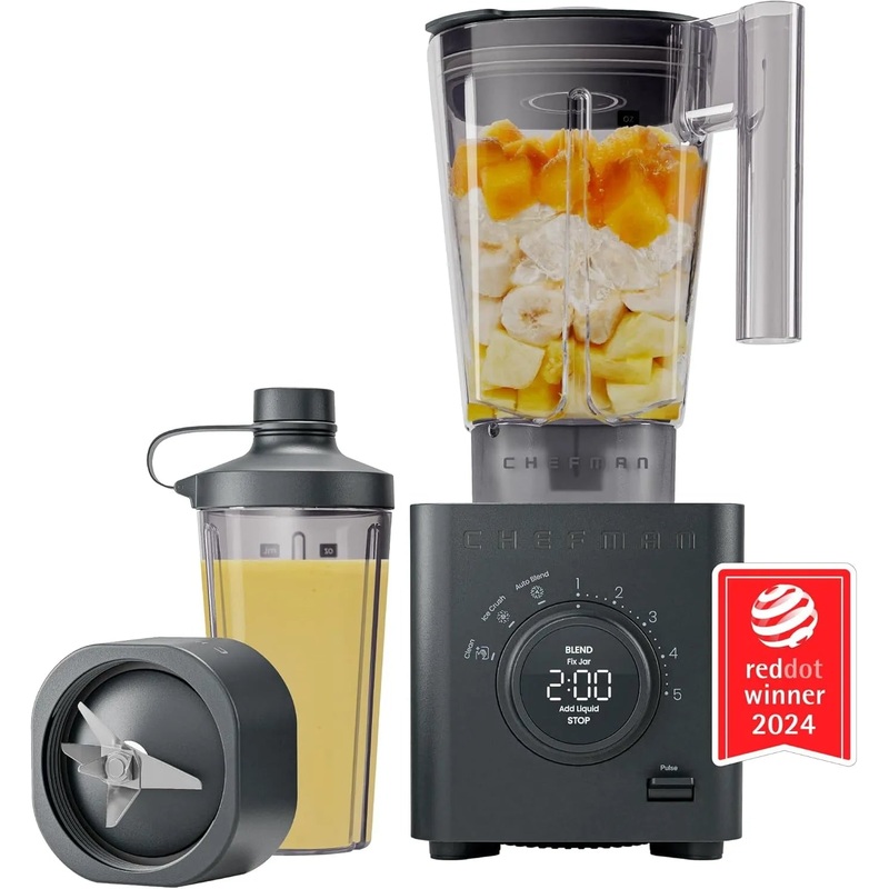 Chefman 1300W Professional Blender With Auto Blend and 20oz Travel Jar – Black