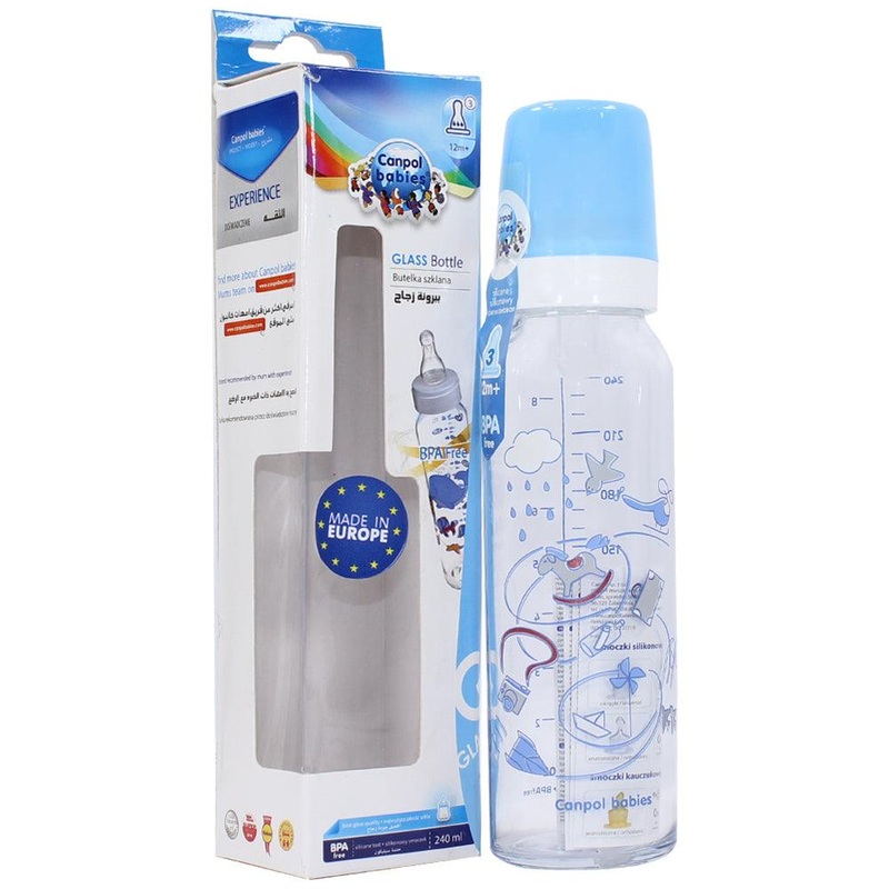Canpol Babies Standard Printed GLASS Bottles 240ml With Silicon Standard Anti-colic Teat 12+m