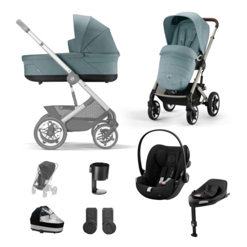 Cybex Talos S Lux Pushchair with Cloud G i-Size Car Seat and Base 10 Piece Bundle – Sky Blue (Taupe Frame)