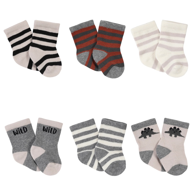 6-Pack Baby Boys Dino Wiggle Proof Jersey Crew Socks