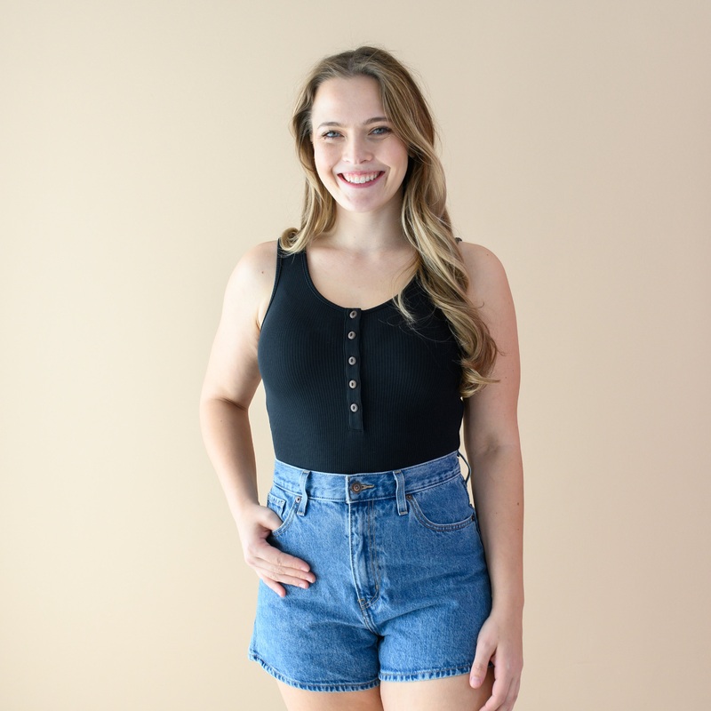 Womens Ribbed Henley Bodysuit in Midnight
