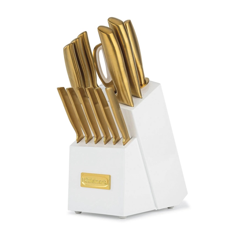 15pc Gold Forged Stainless Steel Cutlery Block Set with Comfort Grip Handle- White
