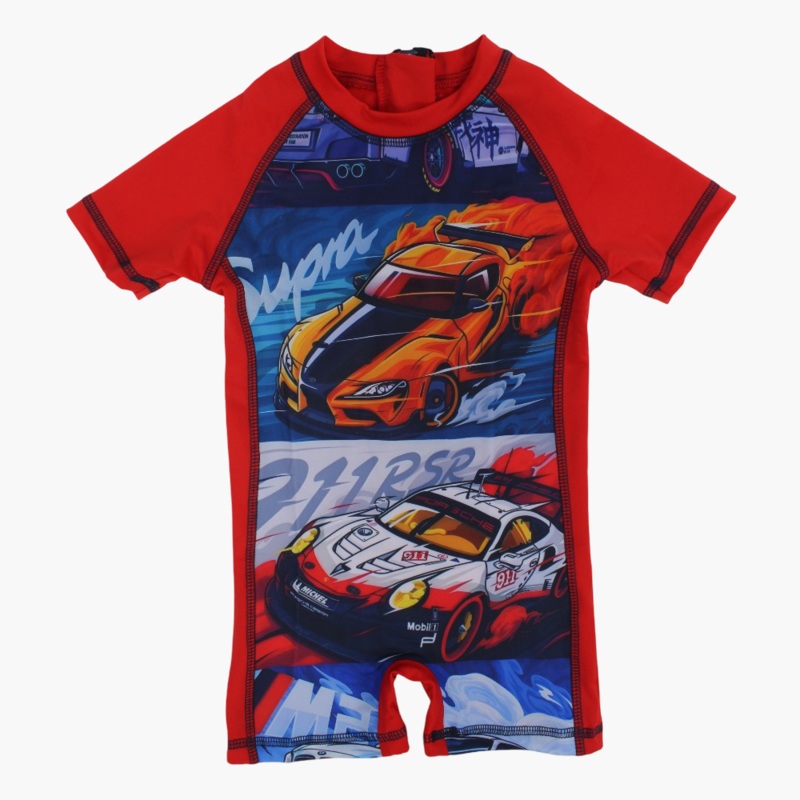 Boys Overall Swimsuit – Red with Super Cars Print