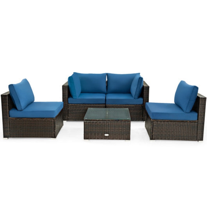 5 Pieces Cushioned Patio Rattan Furniture Set With Glass Table-Navy
