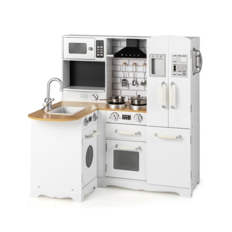 Wooden Kid’s Corner Kitchen Playset With Stove for Toddlers-Natural & White