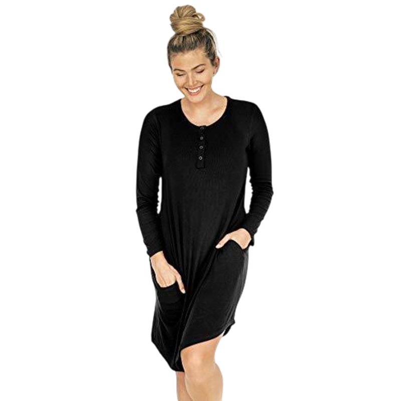 Kindred Bravely Betsy Ribbed Bamboo Henley Nursing & Maternity Nightgown, Black, XX-Large
