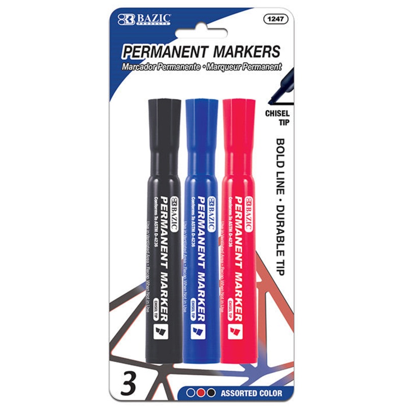 BAZIC Assorted Colors Chisel Tip Desk Style Permanent Markers (3/Pack)