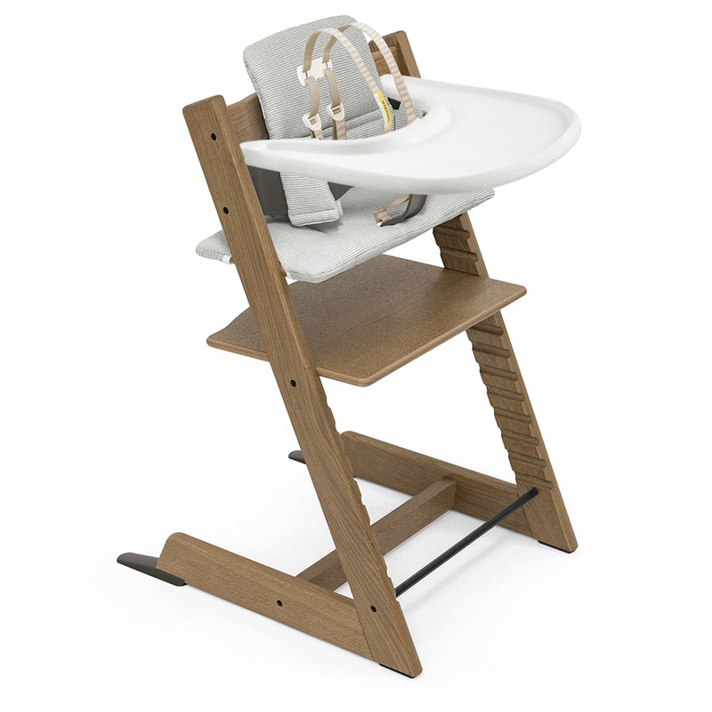 Tripp Trapp High Chair and Cushion with Stokke Tray Bundle – Oak Brown / Nordic Grey / White