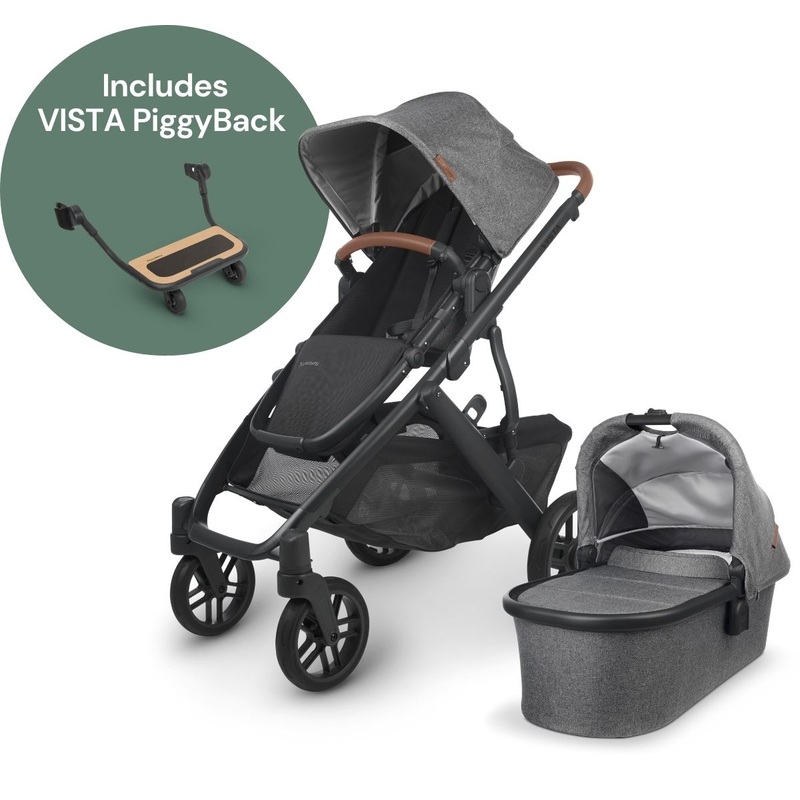 UPPAbaby Vista V2 Single-to-Double Stroller + PiggyBack Ride-Along Bundle – Greyson (Charcoal Melange/Carbon/Saddle Leather)