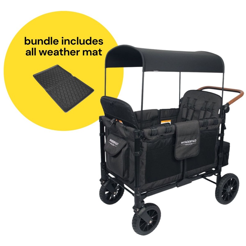 WonderFold W4 Luxe Multifunctional Quad (4 Seater) Stroller Wagon + All Weather Mat Bundle – Volcanic Black
