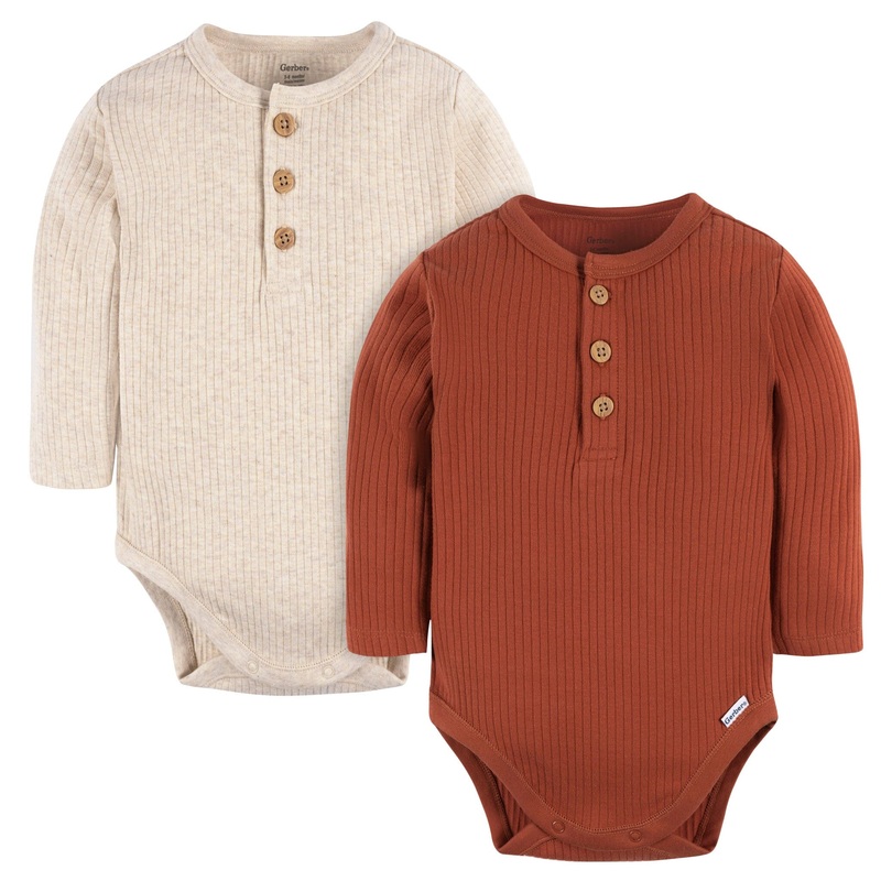 2-Pack Baby Boys Rust & Oatmeal Henley Onesies Bodysuits