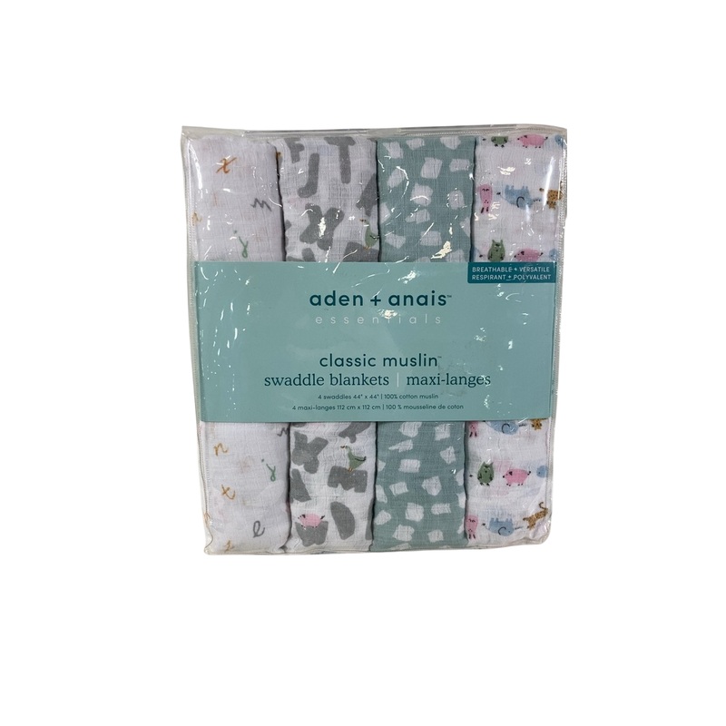 Aden + Anais Cotton Muslin Swaddle, 4 Pack, 44″ x 44″, Alphabet Animals, Classic Muslin