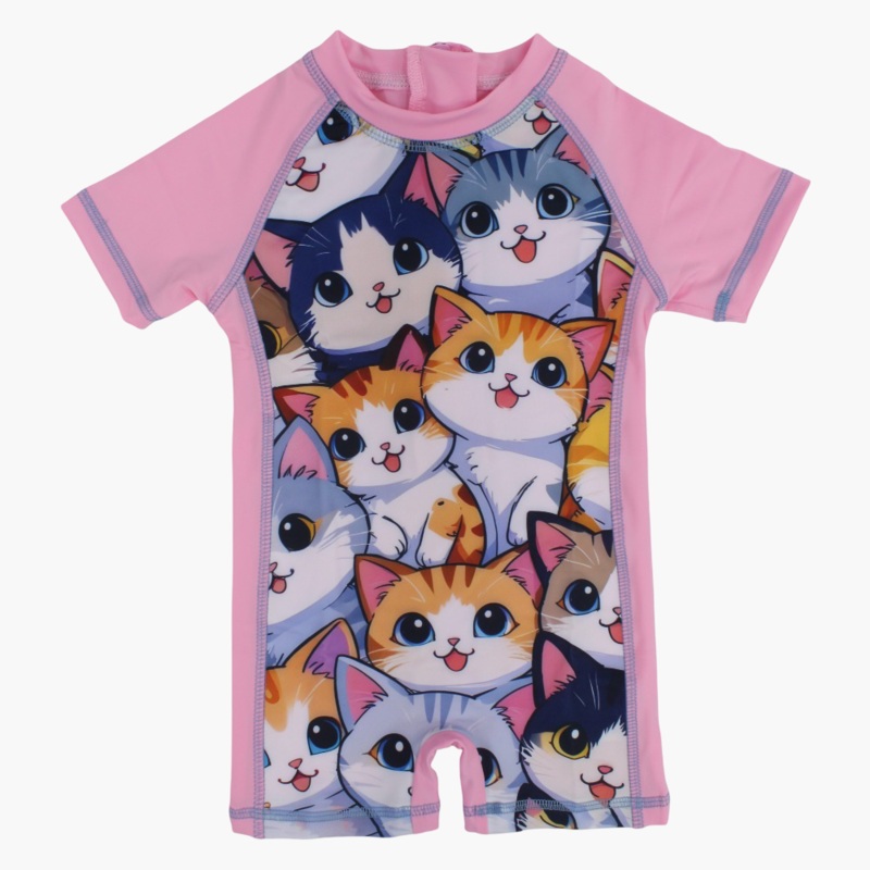 Girls Overall Swimsuit – Pink with Cute Kittens Print