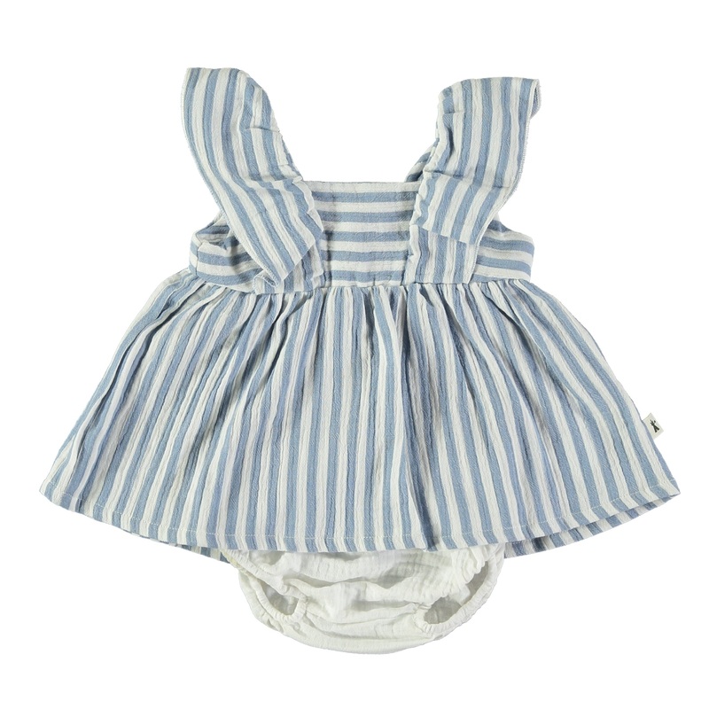 Petit Indi (Made in Spain) – Sleeveless Ruffle Dress + Bloomer – Blue Stripe