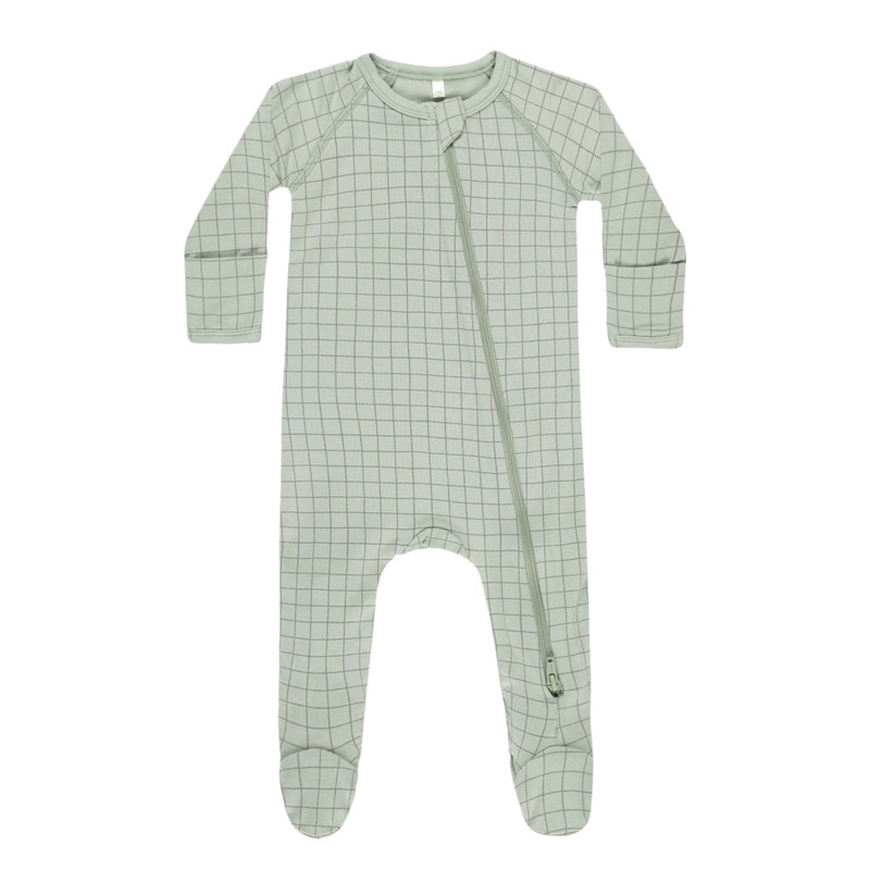 Quincy Mae – Bamboo Zip Footie – Sage Grid