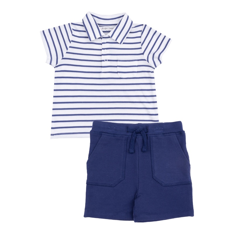 Stripe Vintage Navy Rib Polo Shirt And French Terry Short