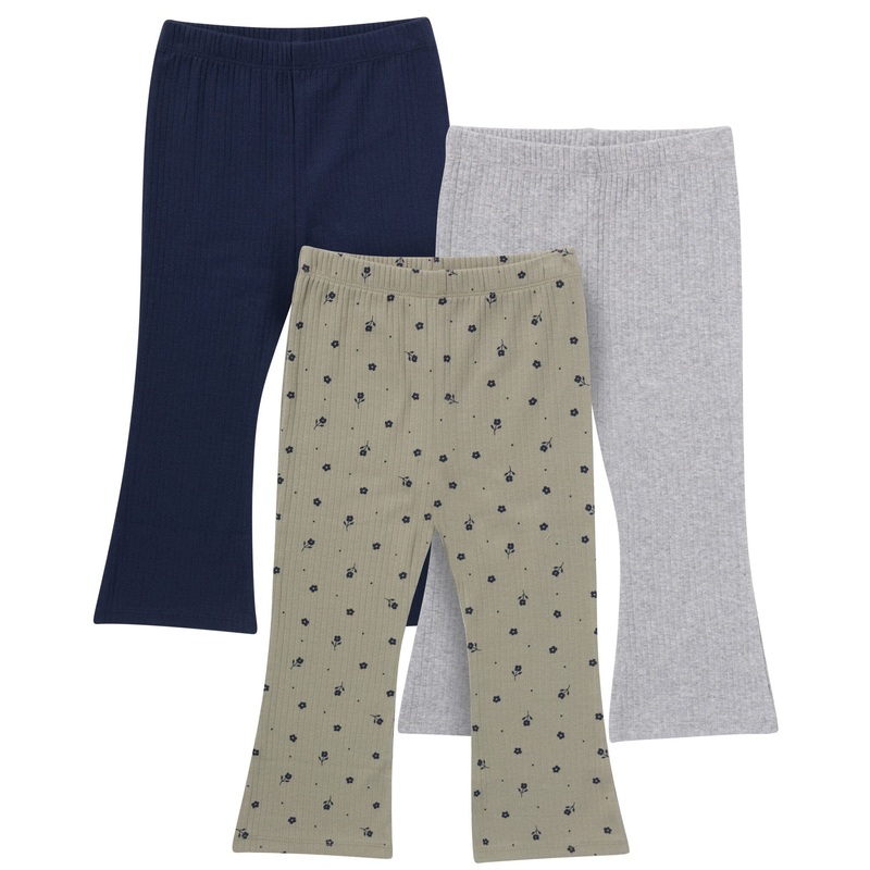 3-Pack Infant & Toddler Girls Green Daisies, Blue and Gray Ribbed Flare Leggings