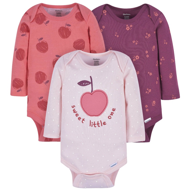 3-Pack Baby Girls Apple Bouquets Long Sleeve Onesies Bodysuits