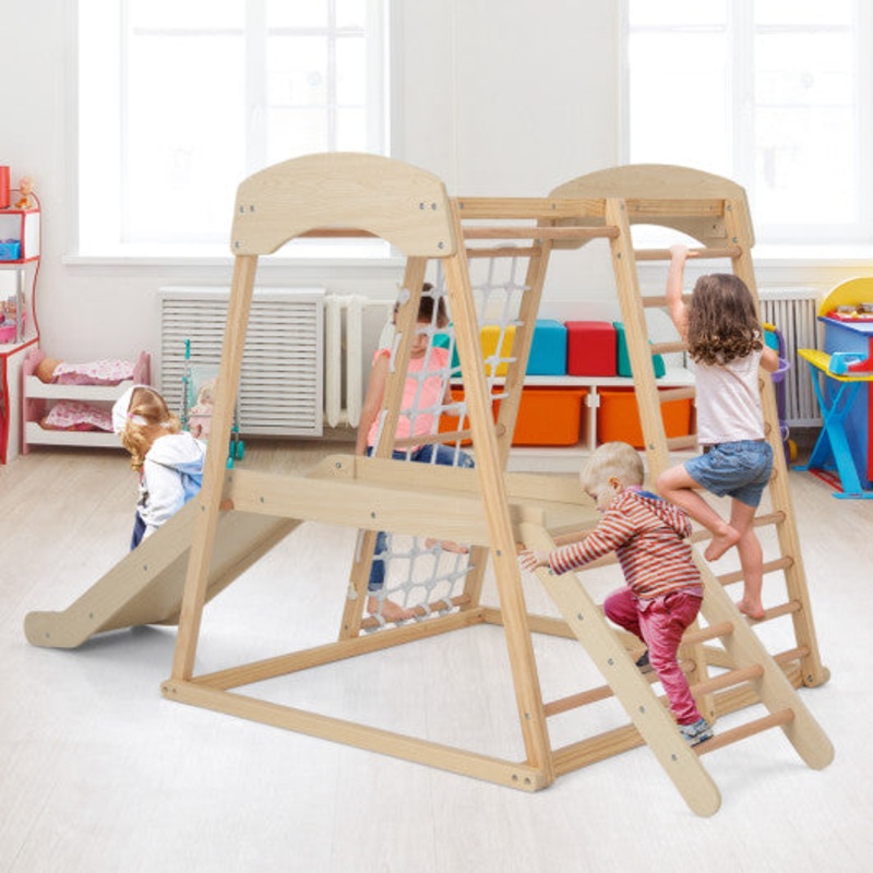 6-in-1 Indoor Jungle Gym Kids Wooden Playground With Monkey Bars-Natural