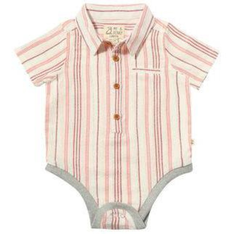 Me & Henry Helford Woven Onesie | Coral/White Stripe