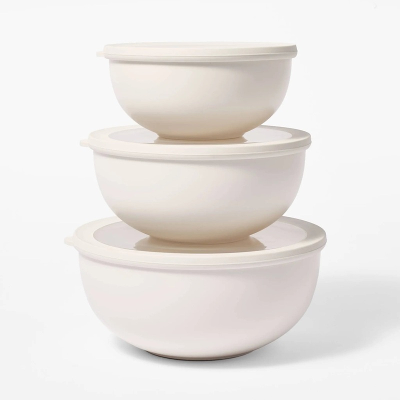 6pc (set of 3) Plastic Mixing Bowl Set with Lids Cream