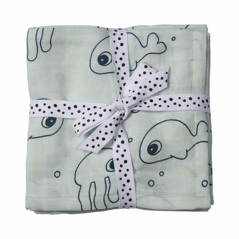 Done By Deer – Wrap – Large Swaddle Muslin 2-pack – Sea friends – Blue/Green