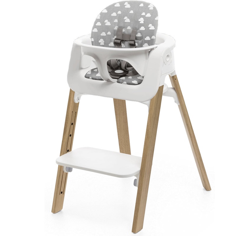 Stokke Steps Chair + Cushion (No Tray) – White/Oak Natural/Grey Clouds