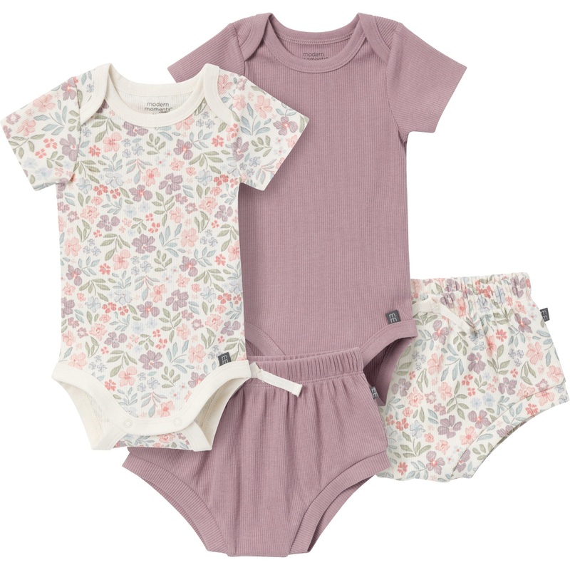4-Piece Baby Girls Ivory Garden Short Sleeve Bodysuits and Shorts Set