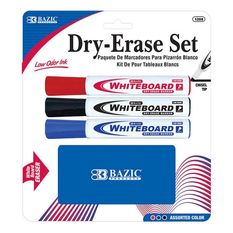 BAZIC 3 Assorted Colors Chisel Tip Dry-Erase Markers w/ Eraser
