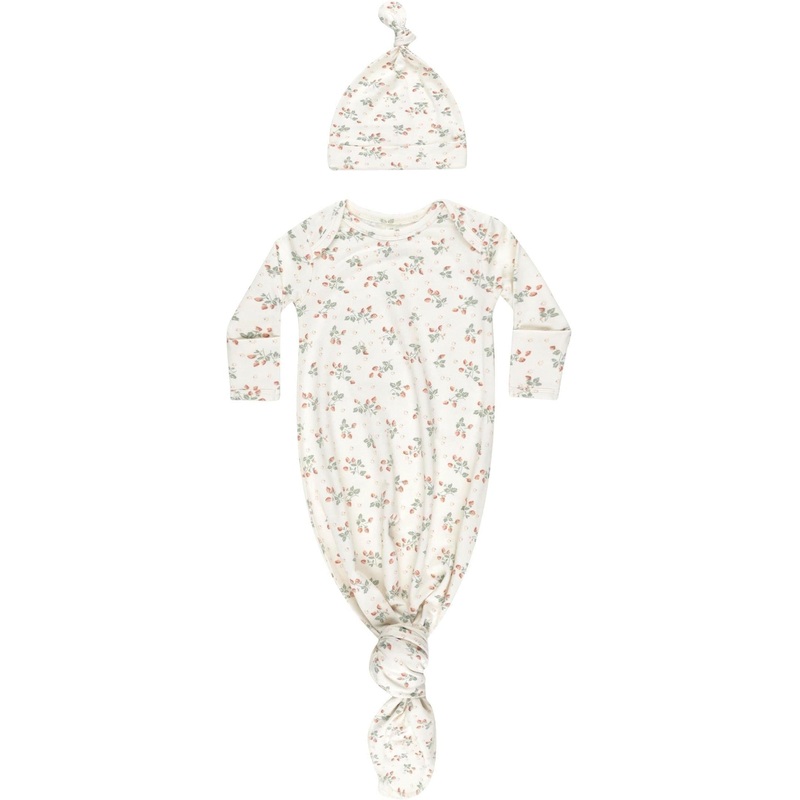 Quincy Mae Knotted Baby Gown + Hat Set || Strawberries