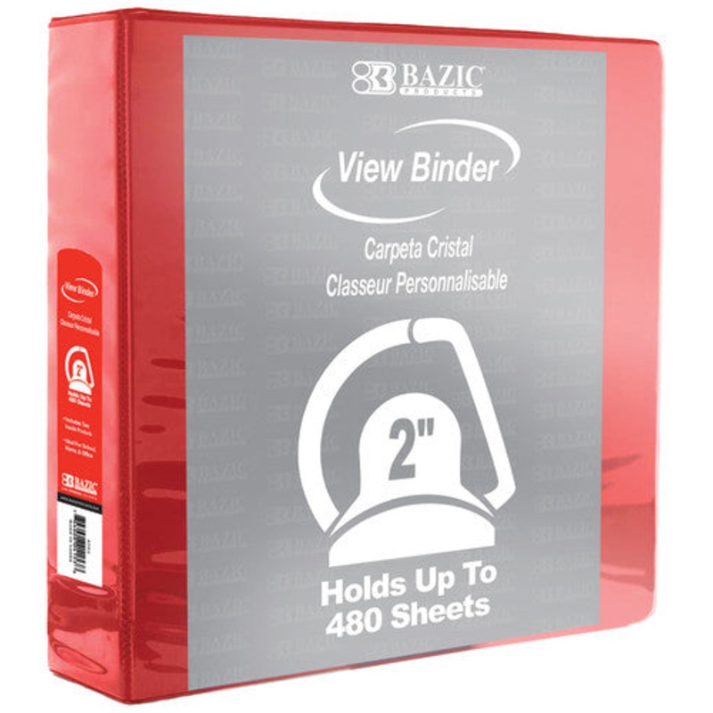 BAZIC Slant D Ring View Binder with 2 Pockets, 2″, Red