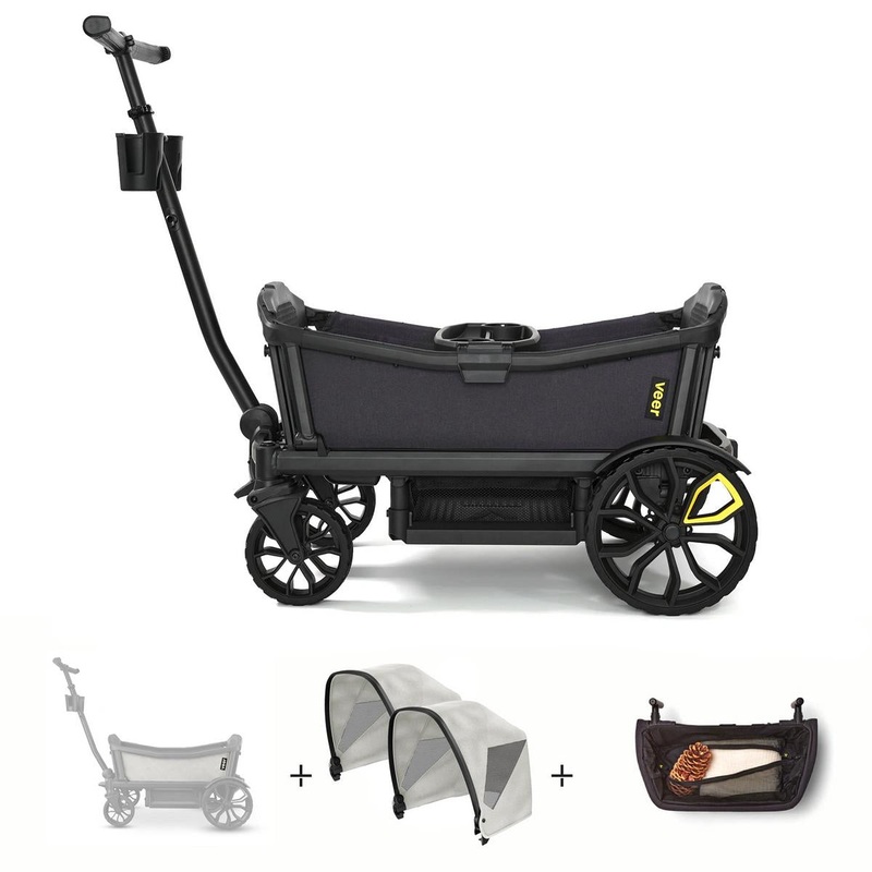 Veer All-Terrain Cruiser (2 Seater) Stroller Wagon + Sidewall Kit + 2 Canopy + Basket Bundle – Savannah White