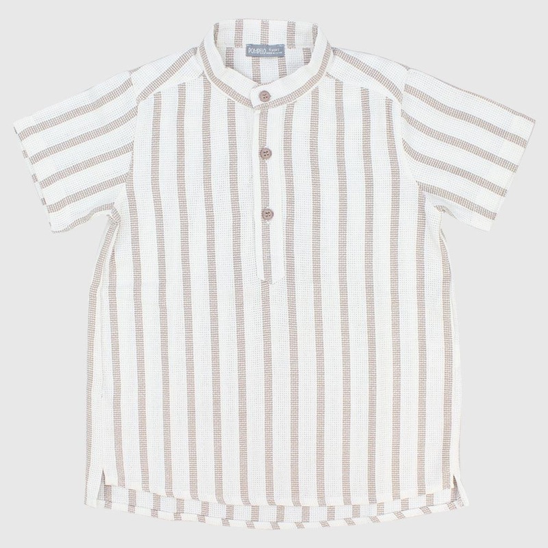 Beige Striped Short-Sleeved Shirt