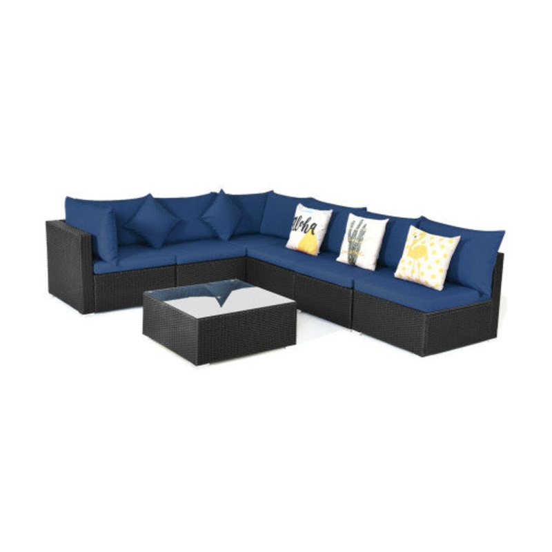7-Piece Outdoor Sectional Wicker Patio Sofa Set With Tempered Glass Top-Navy
