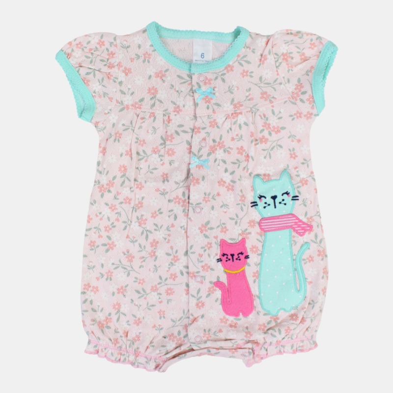 Baby Girls Cotton Romper  Pink with Rose Flowers Print