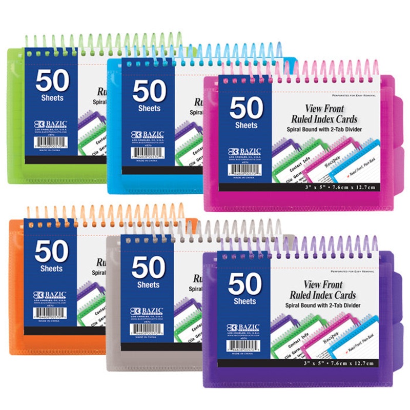 BAZIC 50 Ct. View Poly Spiral Bound 3″ x 5″ Ruled White Index Card w/ 2-Tab Divider