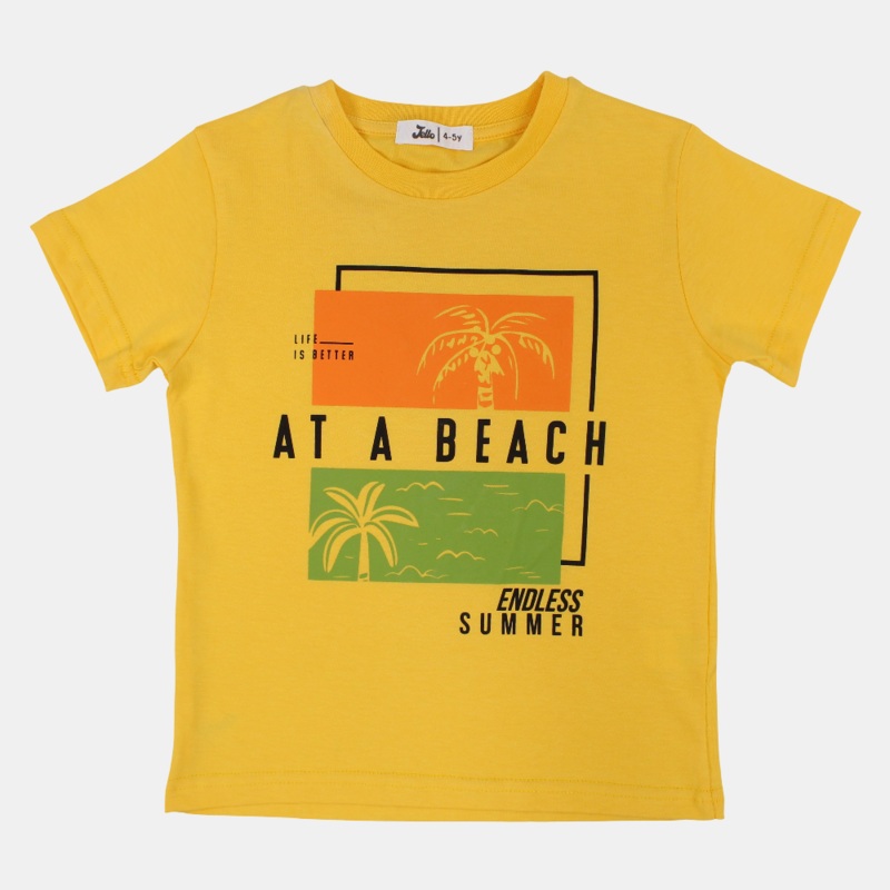 Boys Cotton T-Shirt  Yellow with “At a Beach” Design