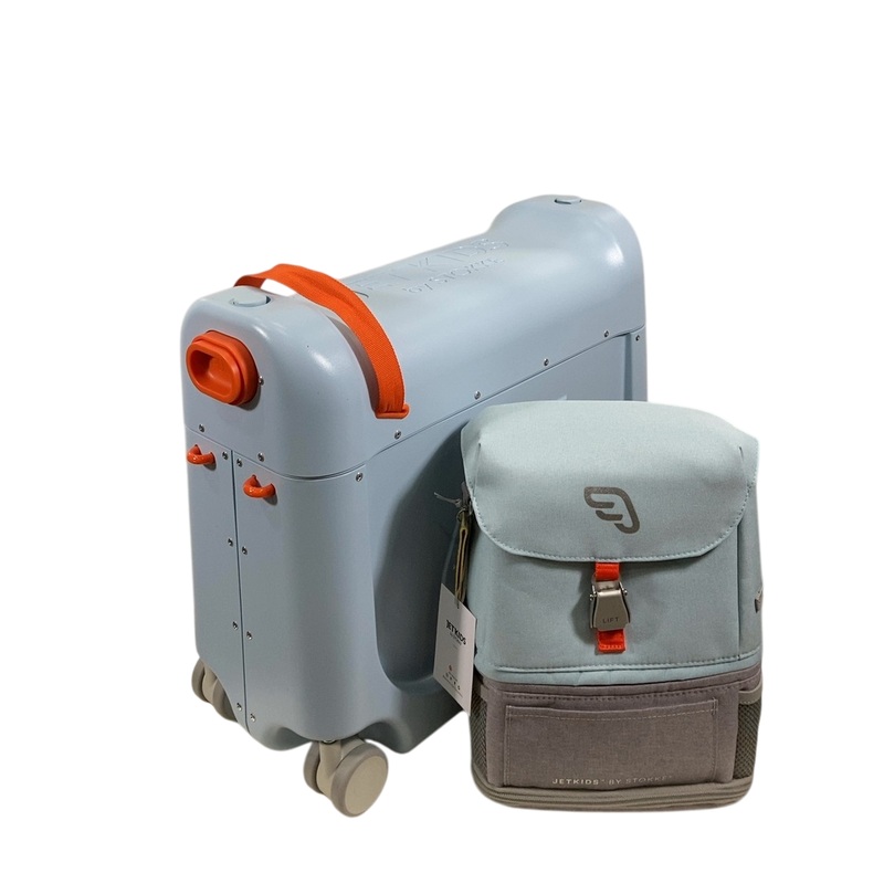 Stokke JetKids BedBox + Crew Backpack Travel Bundle, Blue Sky