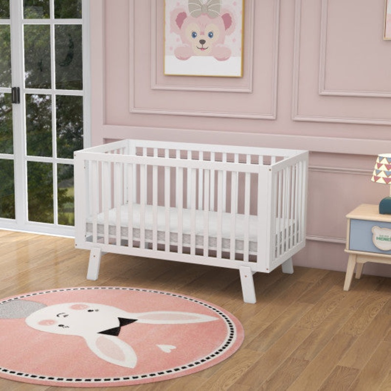 Rubber Wood Baby Crib With Adjustable Mattress Heights and Guardrails-White