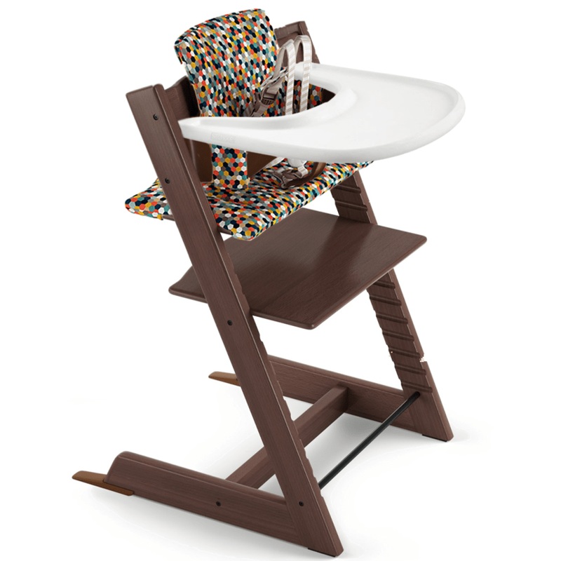 Tripp Trapp High Chair and Cushion with Stokke Tray Bundle – Walnut Brown / Honeycomb Happy / White
