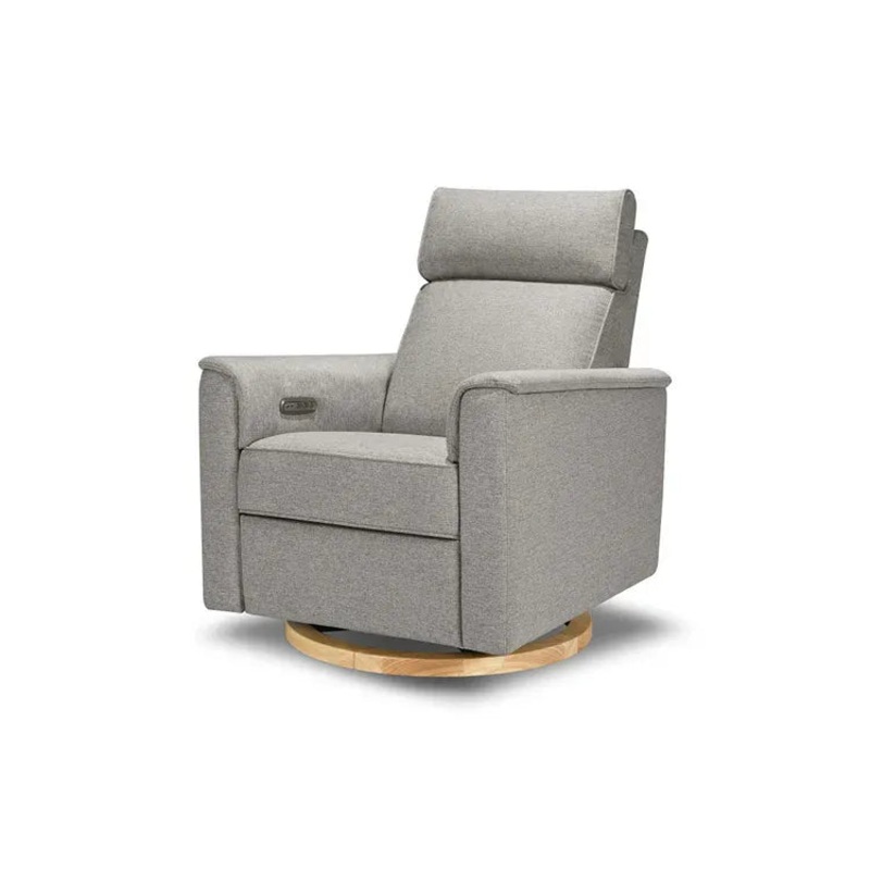 Willa Plus Power Glider Recliner with adjustable headrest & USB – Performance Grey Eco-Weave w/Light Wood Base