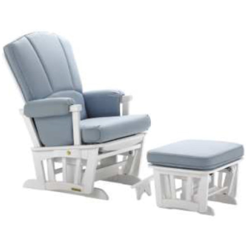 Shermag Multi Lock Positioins Recliner Glider with Matching Ottoman with Nursing Stool in White Finish with Linnette Skye Fabric