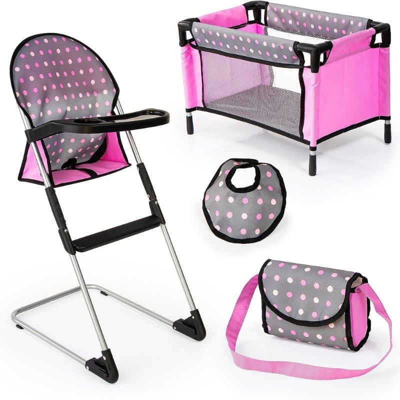Doll’s High Chair and Travel Bed Set – Polka Dots