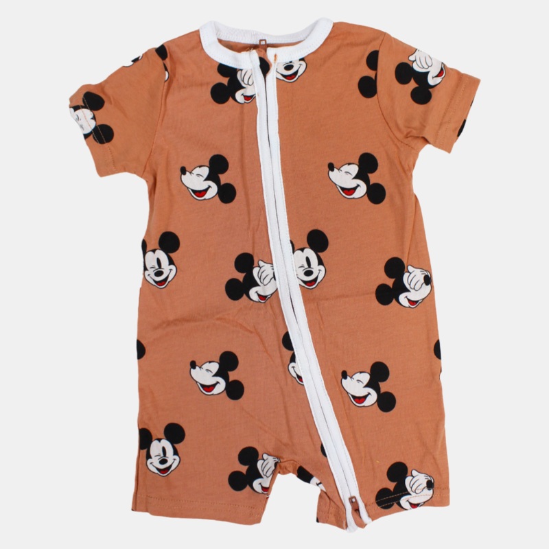 Baby Boys Cotton Romper  Coffee with Mickey Mouse Print