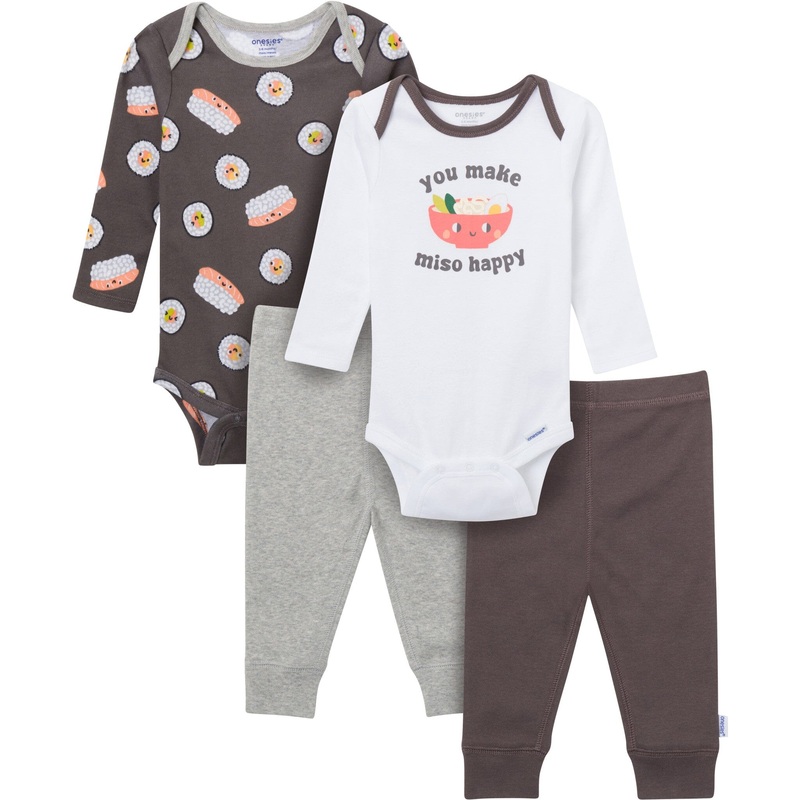 4-Piece Baby Neutral Miso Happy Onesies Bodysuits and Pants